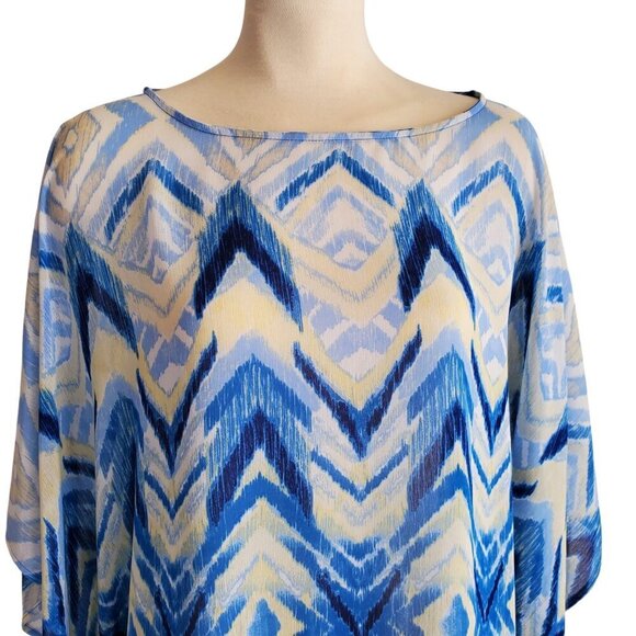 Chico’s Printed Crepe Poncho Top Abstract Tribal Blue Yellow Size Medium - Picture 3 of 12